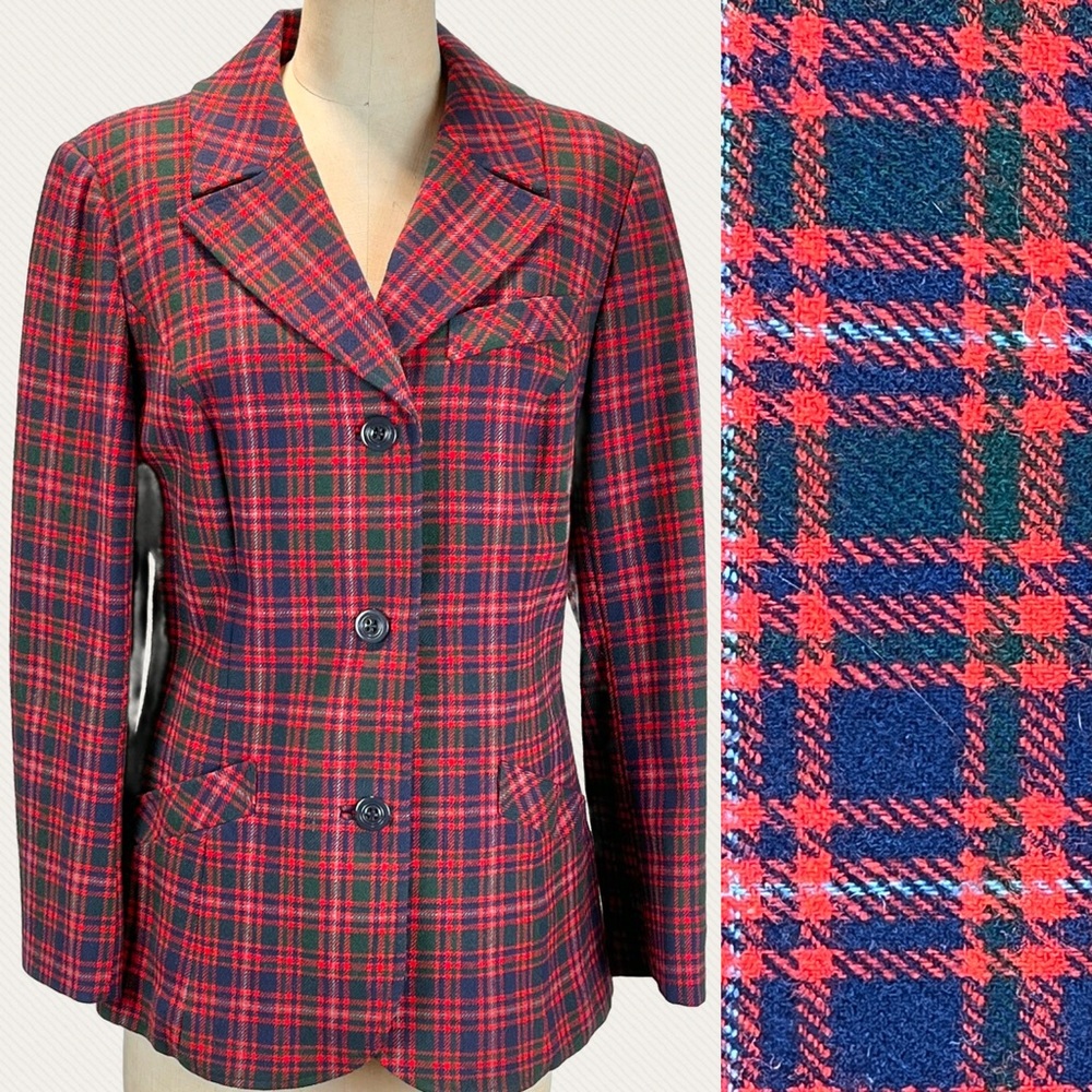 VINTAGE Pendleton tartan plaid women’s blazer suit‎ coat three button wool 80s